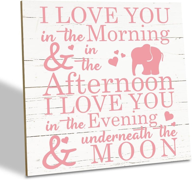 SUSZDOU Love Sign, Wood Plaque Table Art Sign 6.2 * 6.2inch, Elephant Wood Sign for Nursery, Decoration for Baby Girls Room, Daughter's Room Decor, I Love You in the Morning Afternoon Evening & Moon E - Image 1